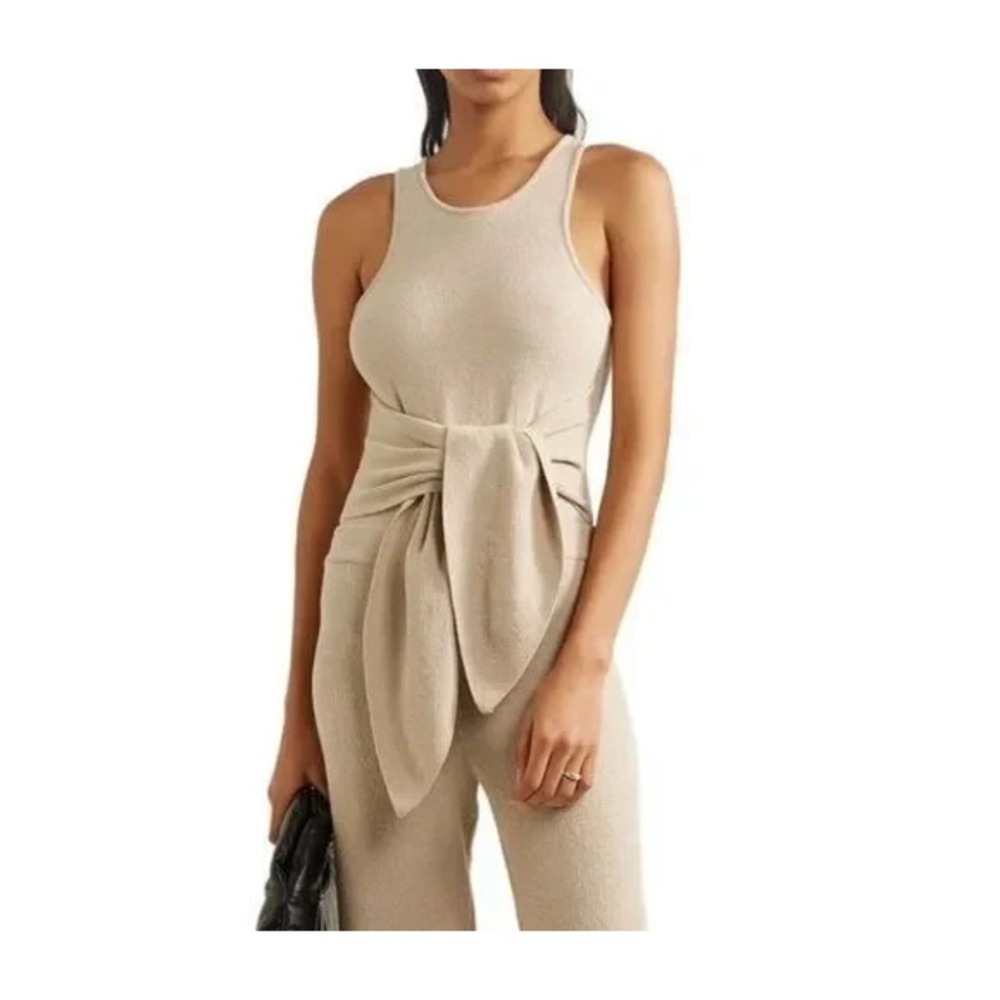 Nanushka Women Tie Detailed Terry Bodysuit Size Small Stretch Cotton Blend Beige